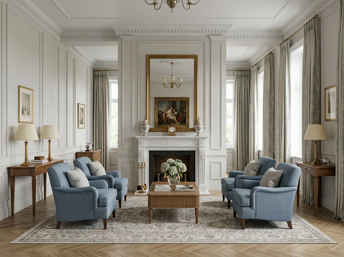 Neoclassical Living Room: Simplified Moldings and Symmetrical Order