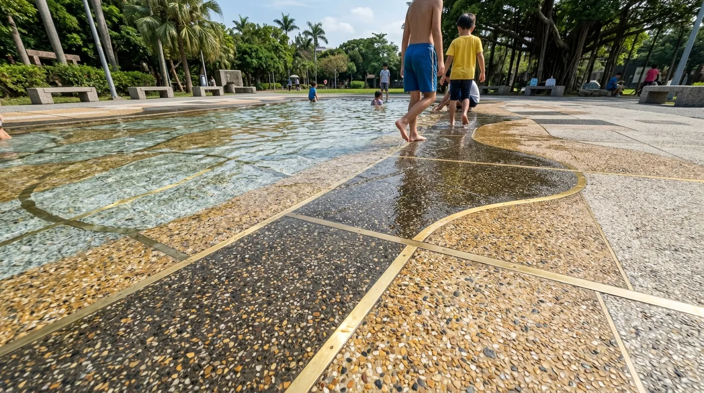 テラゾーのプール：台湾におけるセメントの質感と銅の象嵌