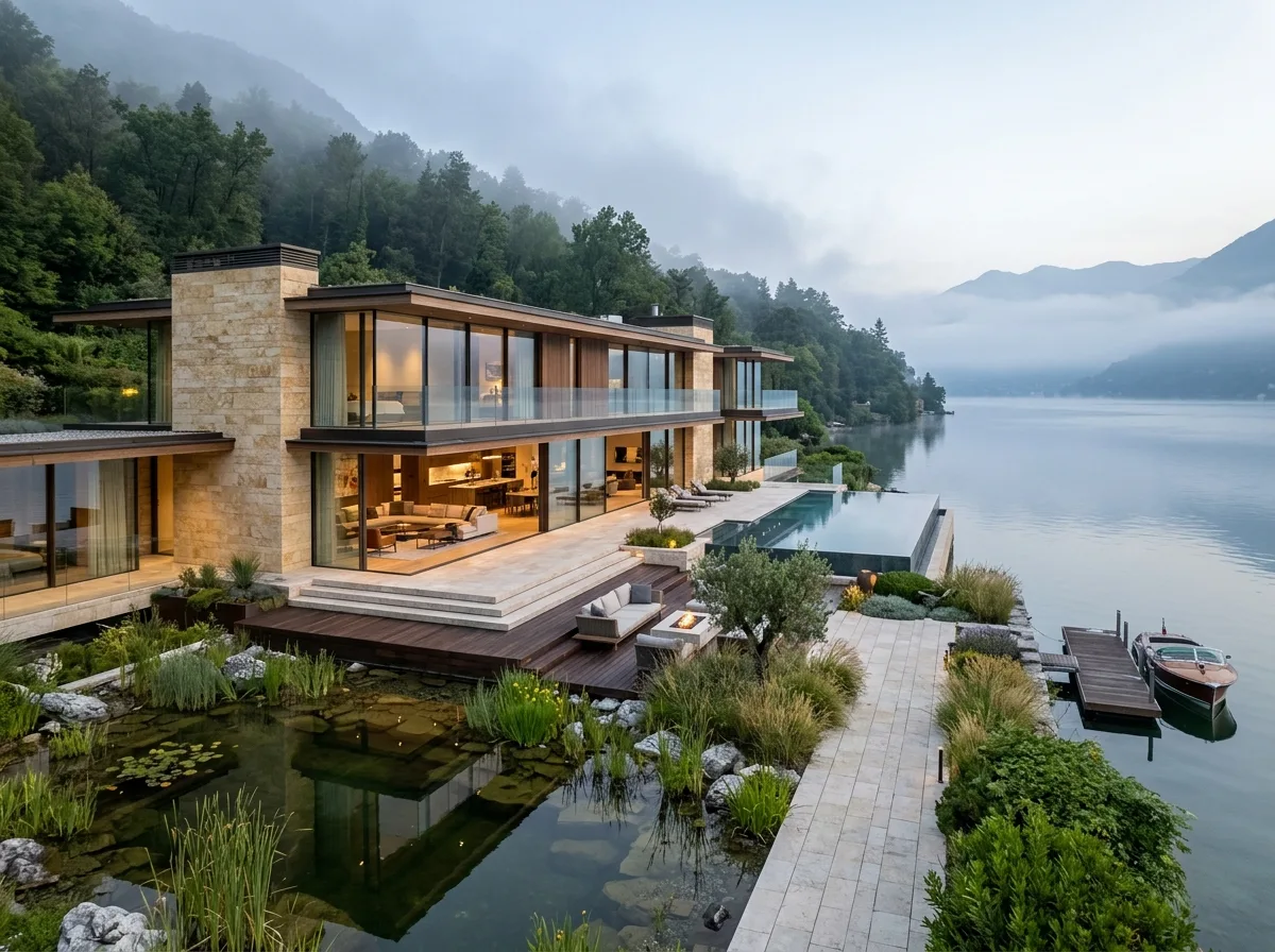 湖畔露台住宅：全景玻璃与反射水庭