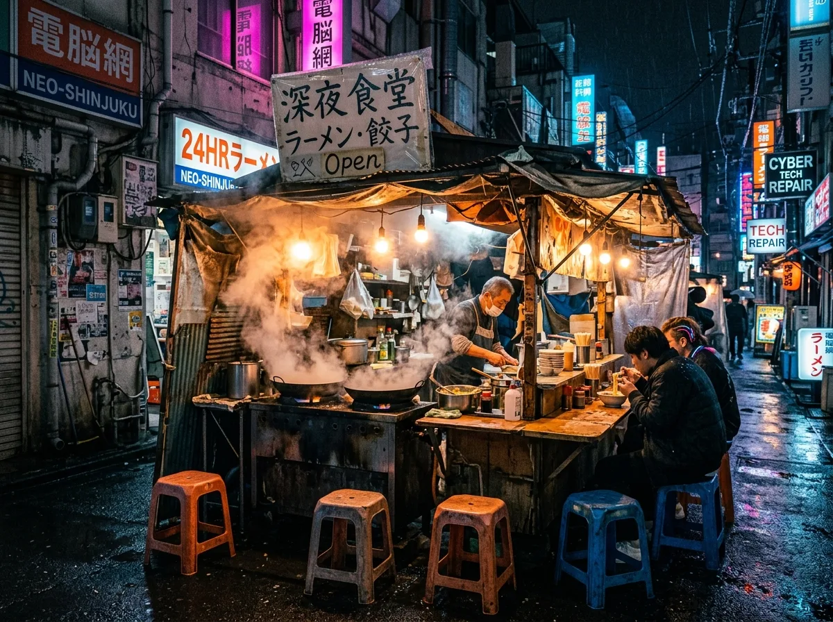 サイバーパンク屋台：蒸気と暖かい光
