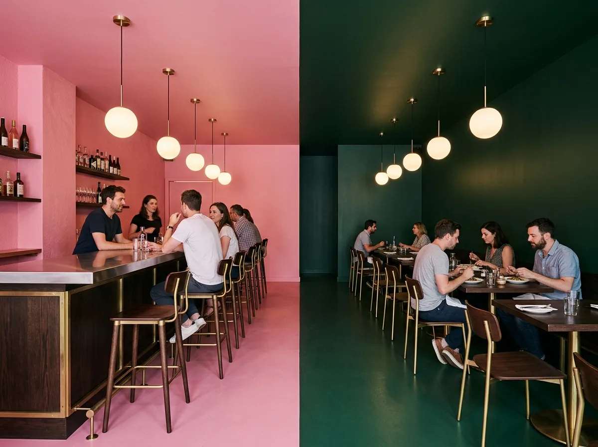 Split Color: A Bistro Half Pink, Half Dark Green