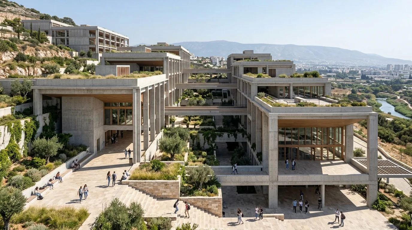 Terraced Academic Campus: Concrete Volumes and Connecting Atria