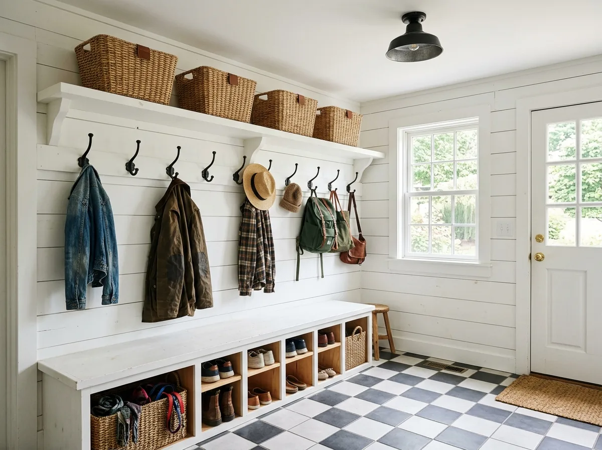 Modern Farmhouse - Mudroom: Hooks, Bench, and Lattice Cabinet