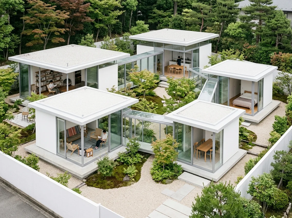 パビリオン群で構成された住宅：透明な壁と静かな屋外