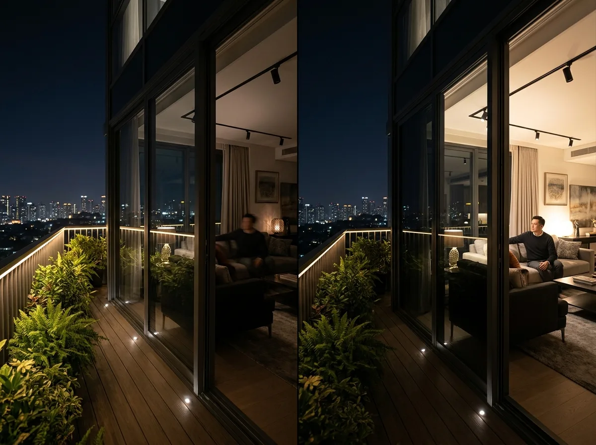 Balcony at night: Don't see yourself when looking out from indoors