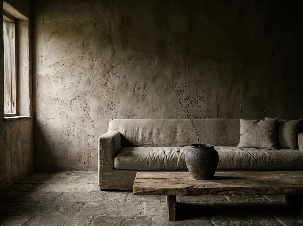 Wabi-Sabi Living Room: Raw Plaster Walls & Low Seating