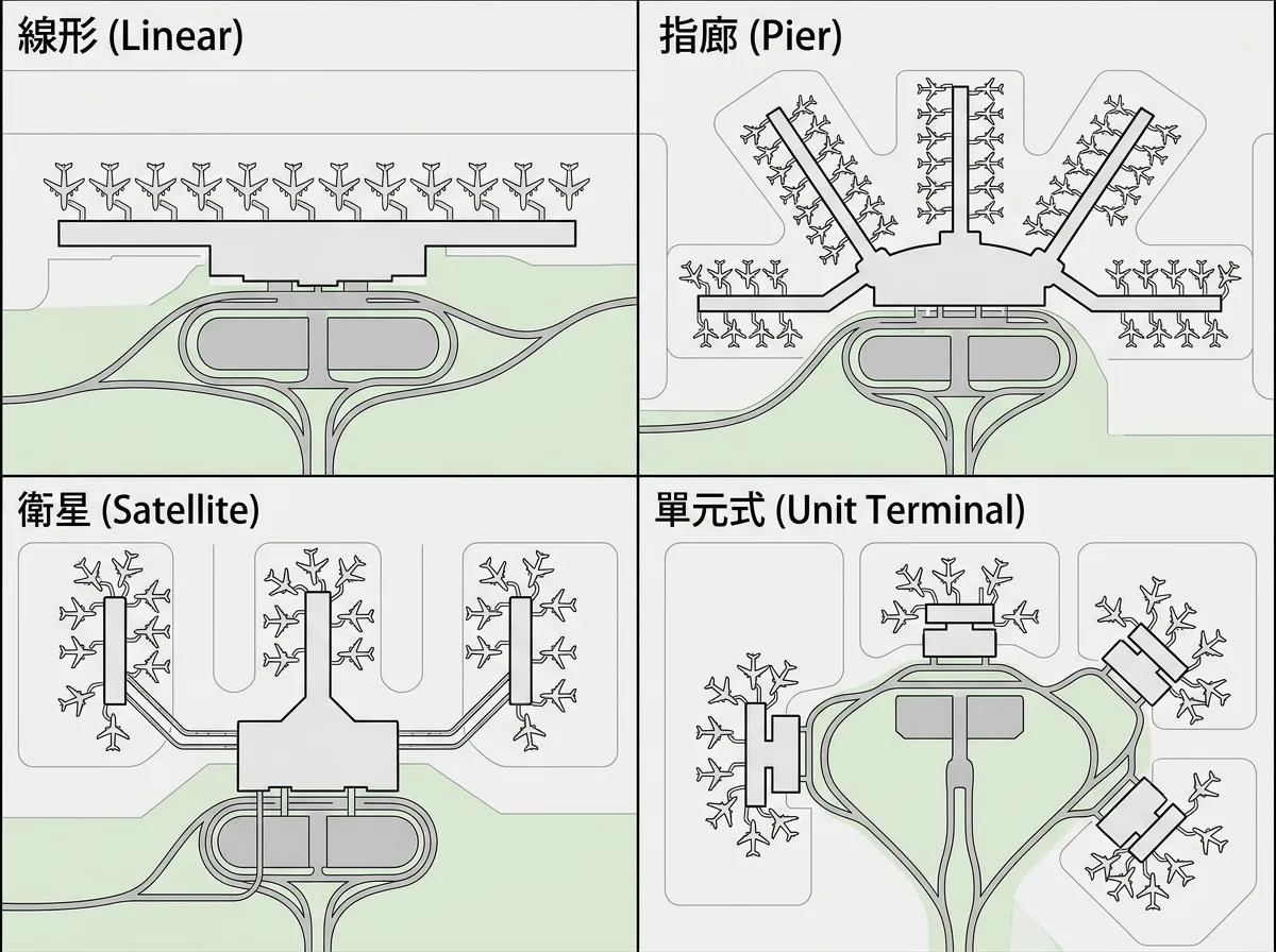 四种构型:线性、指廊、卫星、单元