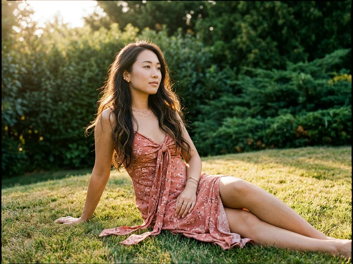 Sunset Meadow Strapless Printed Dress: Golden Hour Silhouette Lighting Environment Portrait