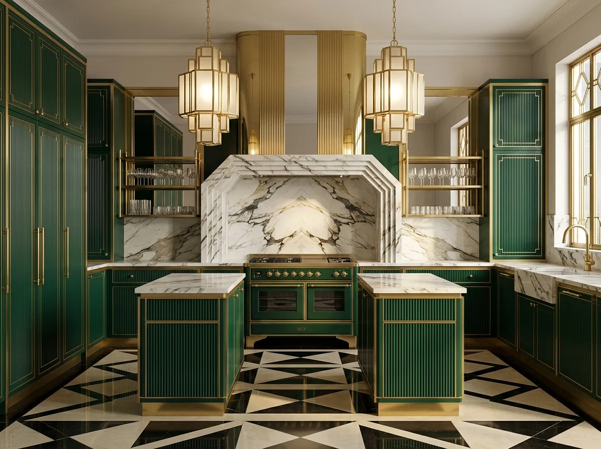 Art Deco Kitchen: Fan-Pattern Cabinet Doors & Black and White Geometric Flooring