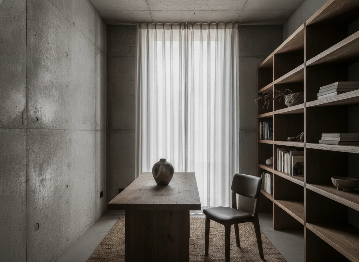Brutalist Wabi-Sabi Study: A Serene Dialogue of Concrete and Wood