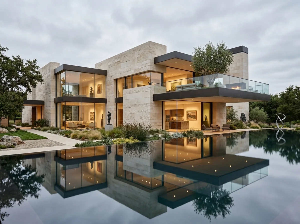 Museum-like Stacked Stone Volumes: Cantilevered Terraces and Frameless Corner Windows