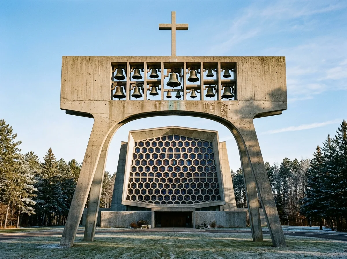 Concrete Bell Tower and Honeycomb Windows: The Facade of the Monastery Church