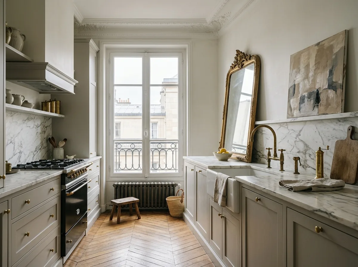 Parisian Kitchen: Profiled Cabinets and Marble Countertops