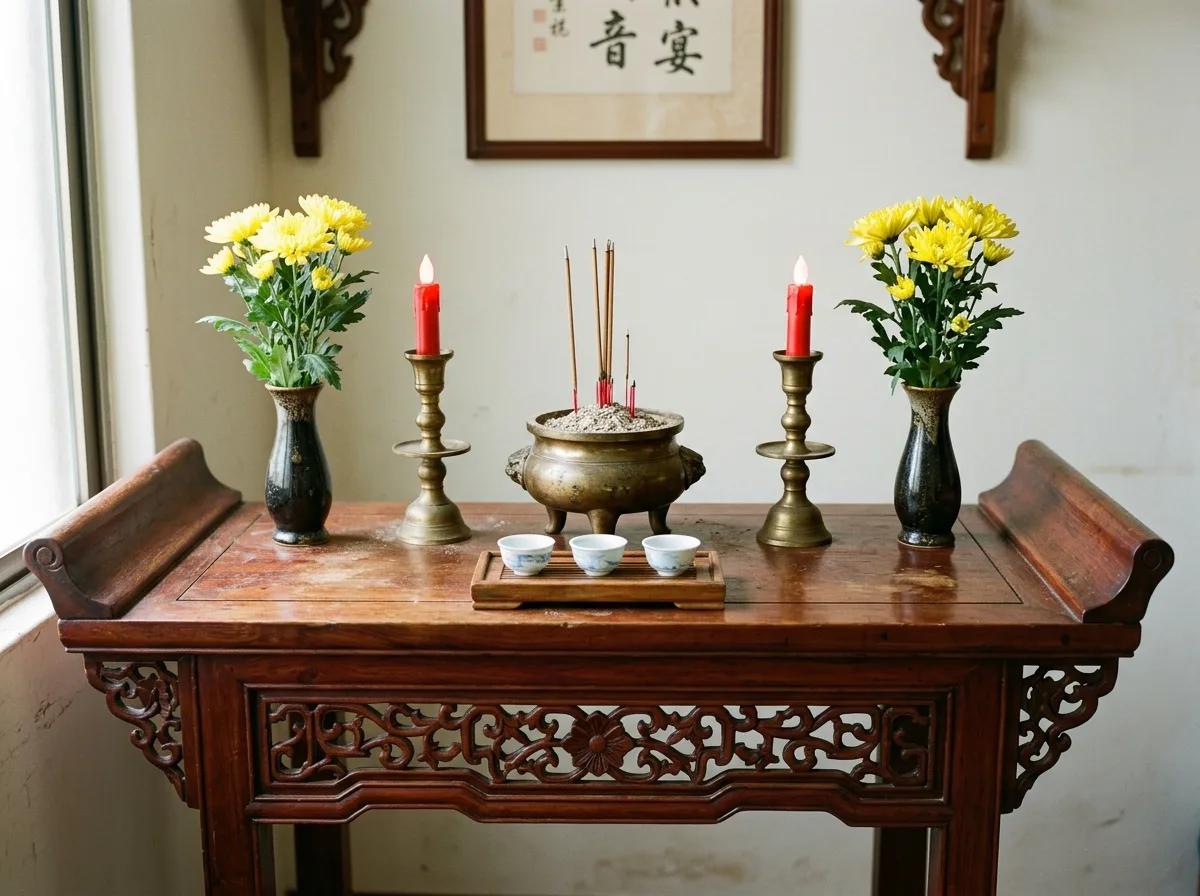 神卓：紅木、香炉、一対の燭台