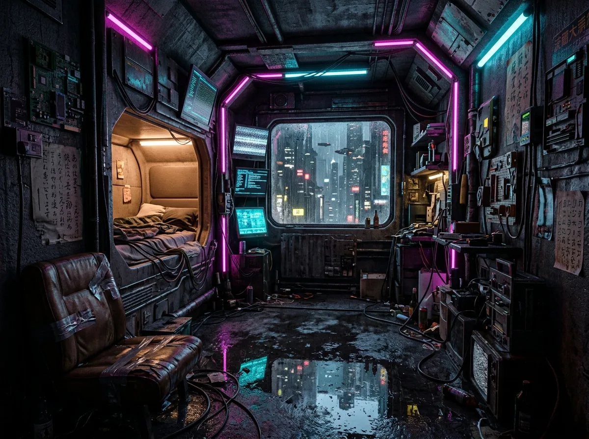 Cyberpunk Dwelling: Neon Reflections & Wet Undersides