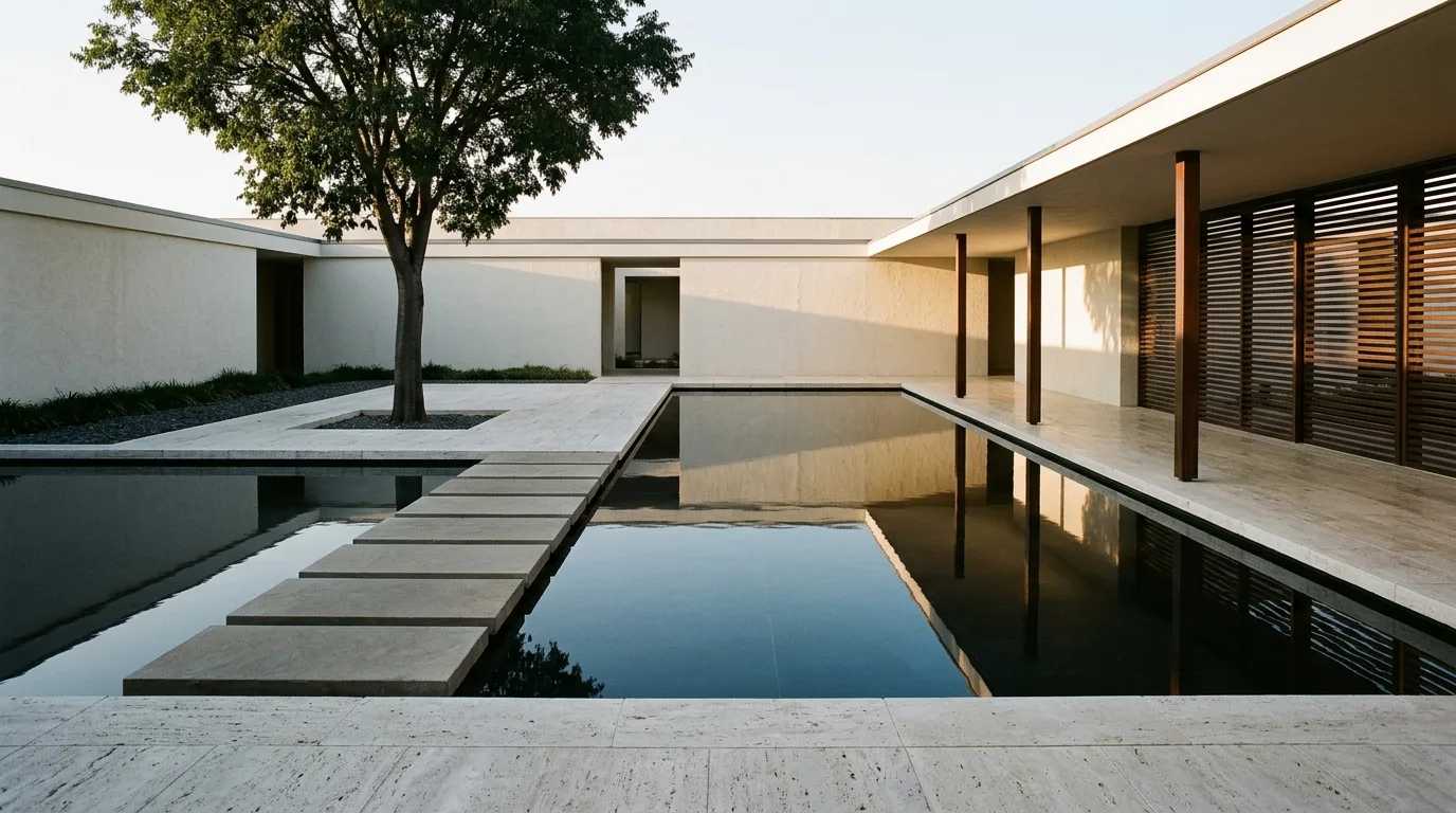 Pavilion Courtyard Water Feature: Shallow Basin and Stone Steps