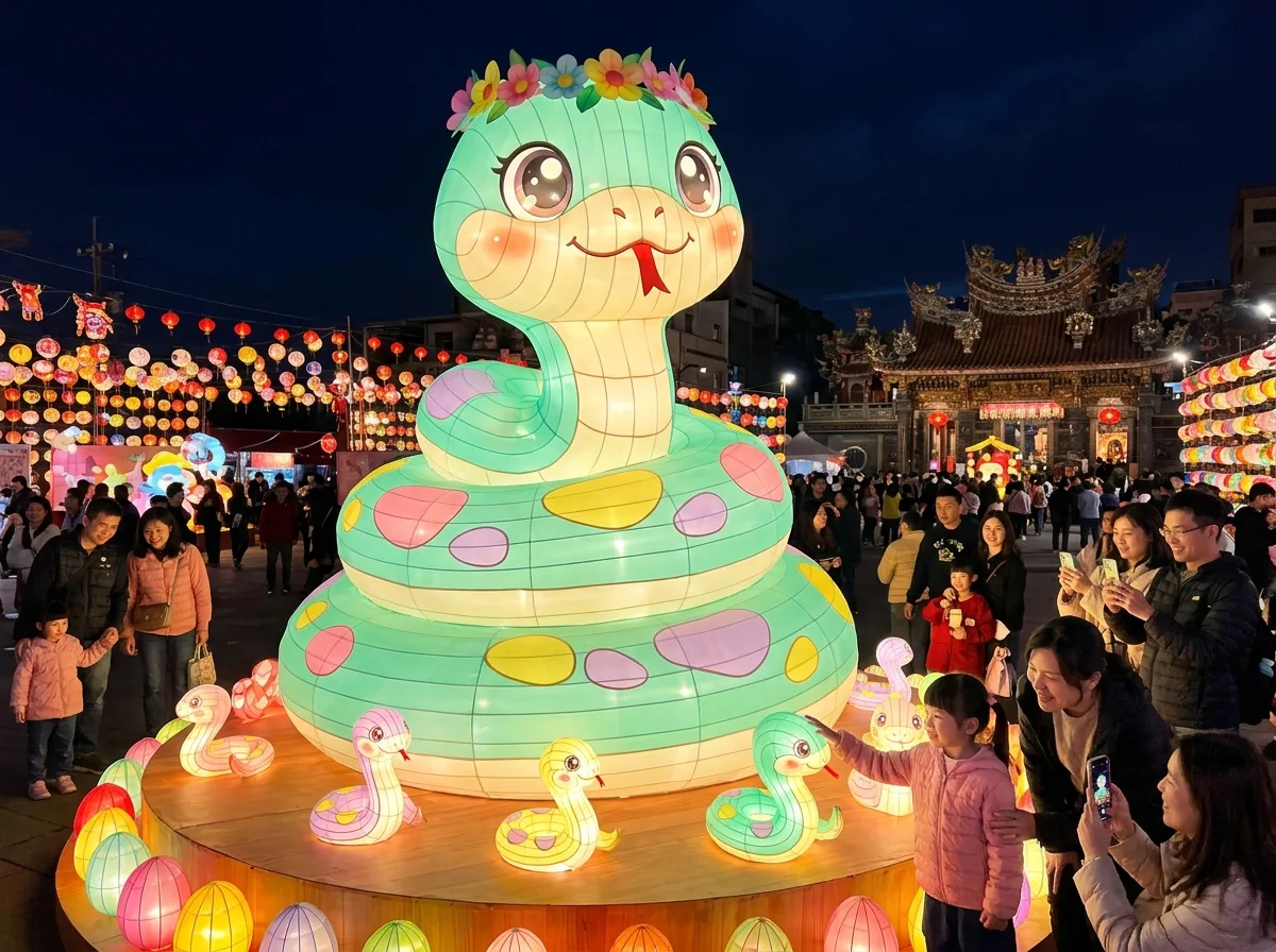 Year of the Snake Main Lantern · Cartoon Style: Round-Eyed Smiling Snake with Colorful Scales