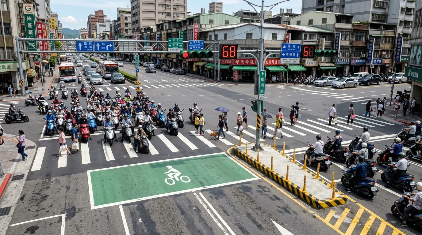 摩托车待转与停等区重整：动线分离的路口