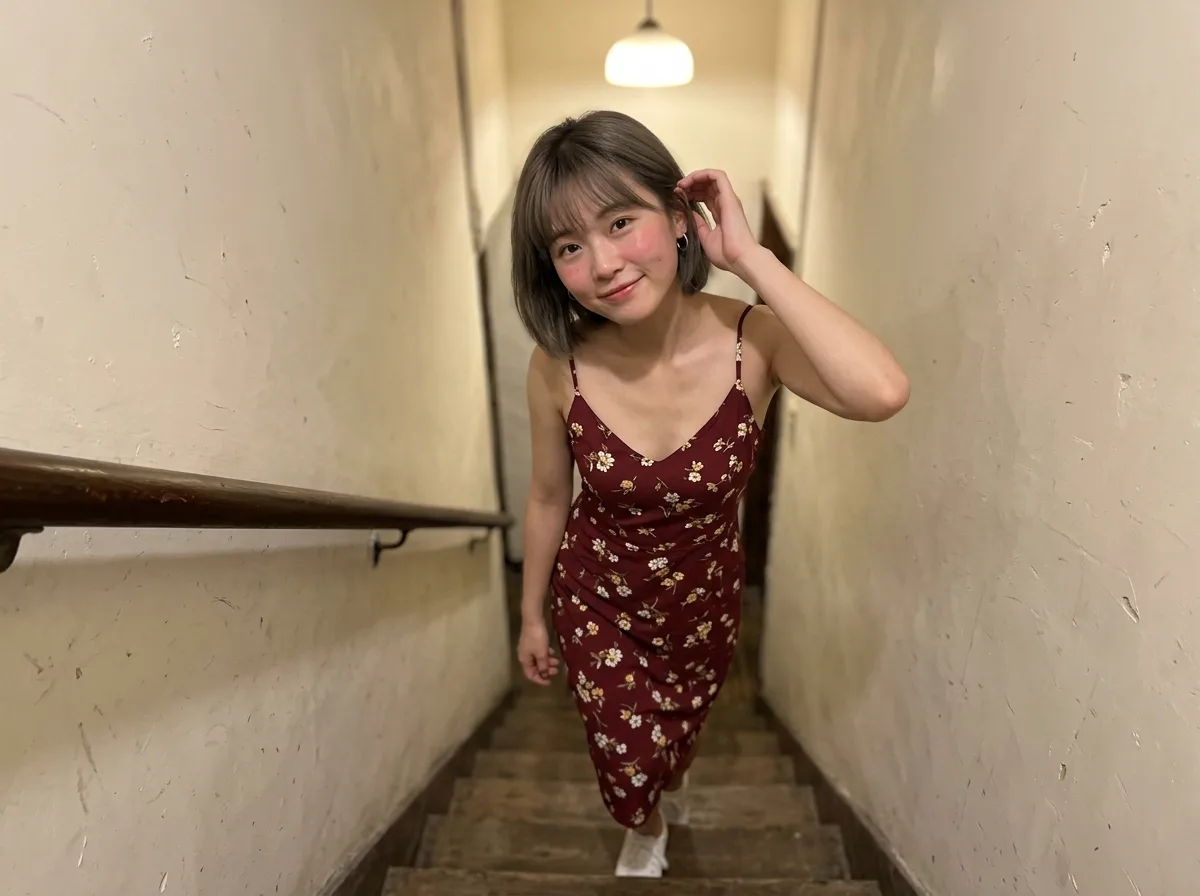 Close-up of warm lighting in a stairwell: Immersive feel of a floral slip dress on a smartphone