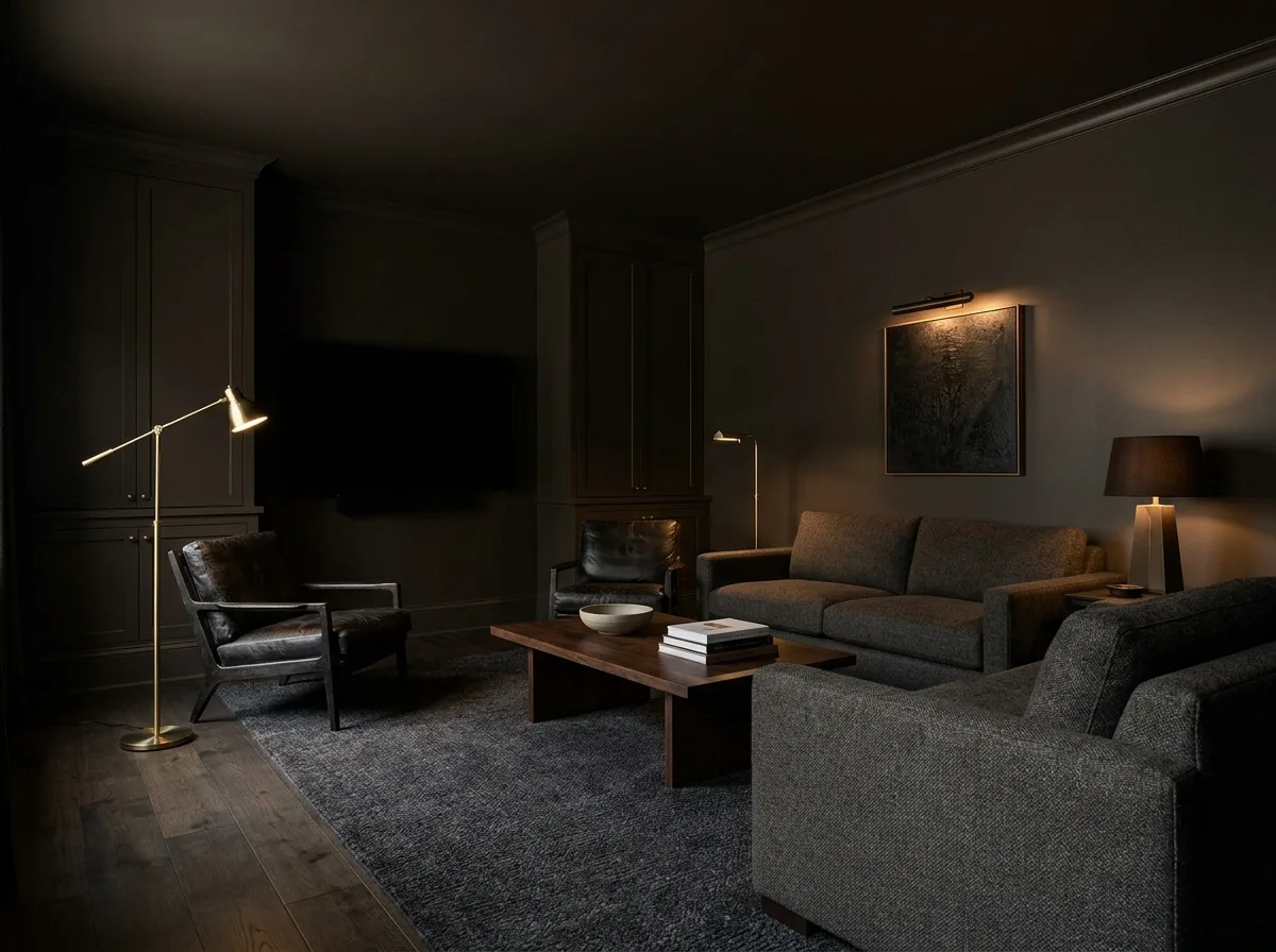 Dark style living room: half the space is unseen