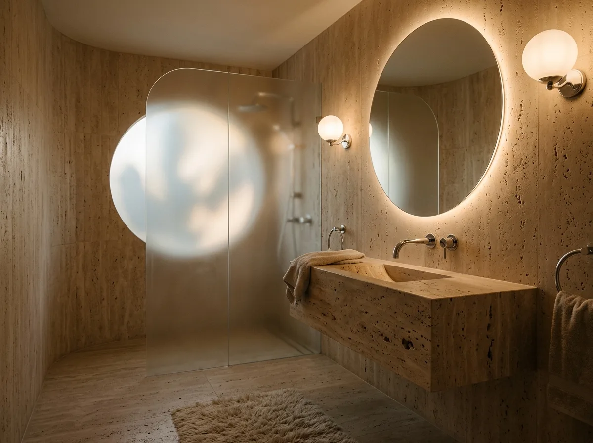 Modern Retro Luxury · Bathroom: Travertine and Frosted Glass