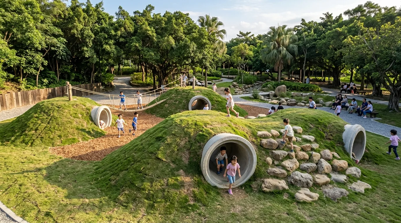 Landscape Grass Mound & Water Pipe Tunnel: A Terrain for Crawling and Drilling