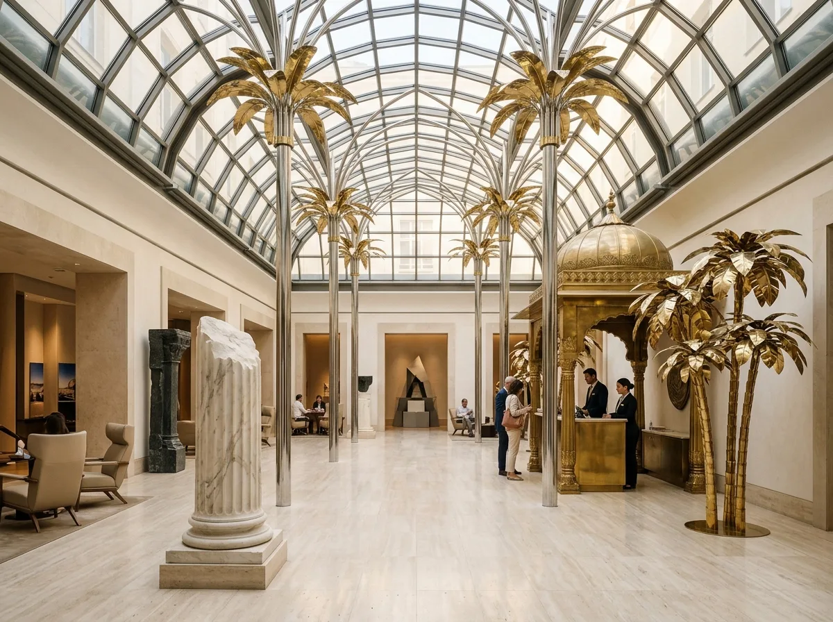 Palm Columns and Broken Columns Indoors: A Symbolic Collage for a Travel Agency