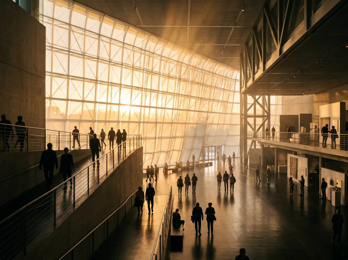 Serene Silhouette Under the Museum's Translucent Curtain Wall