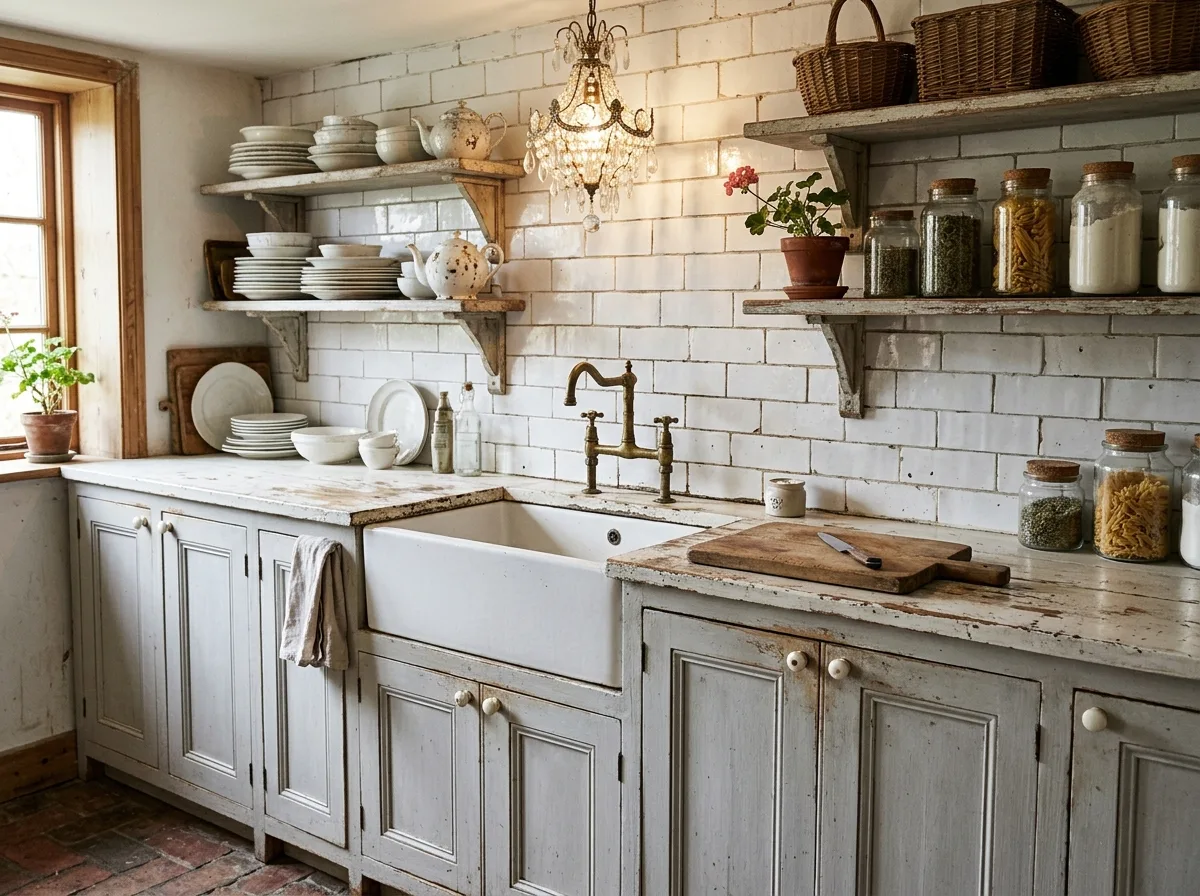 Shabby Chic · Kitchen: Open Shelving and White Porcelain