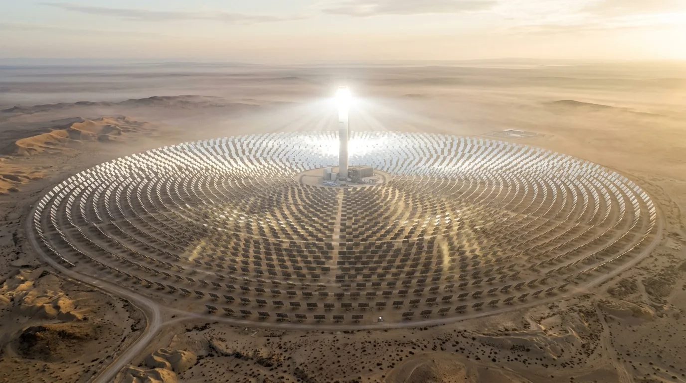Solar Farms in the Desert: Rows of Mirrors and Towers