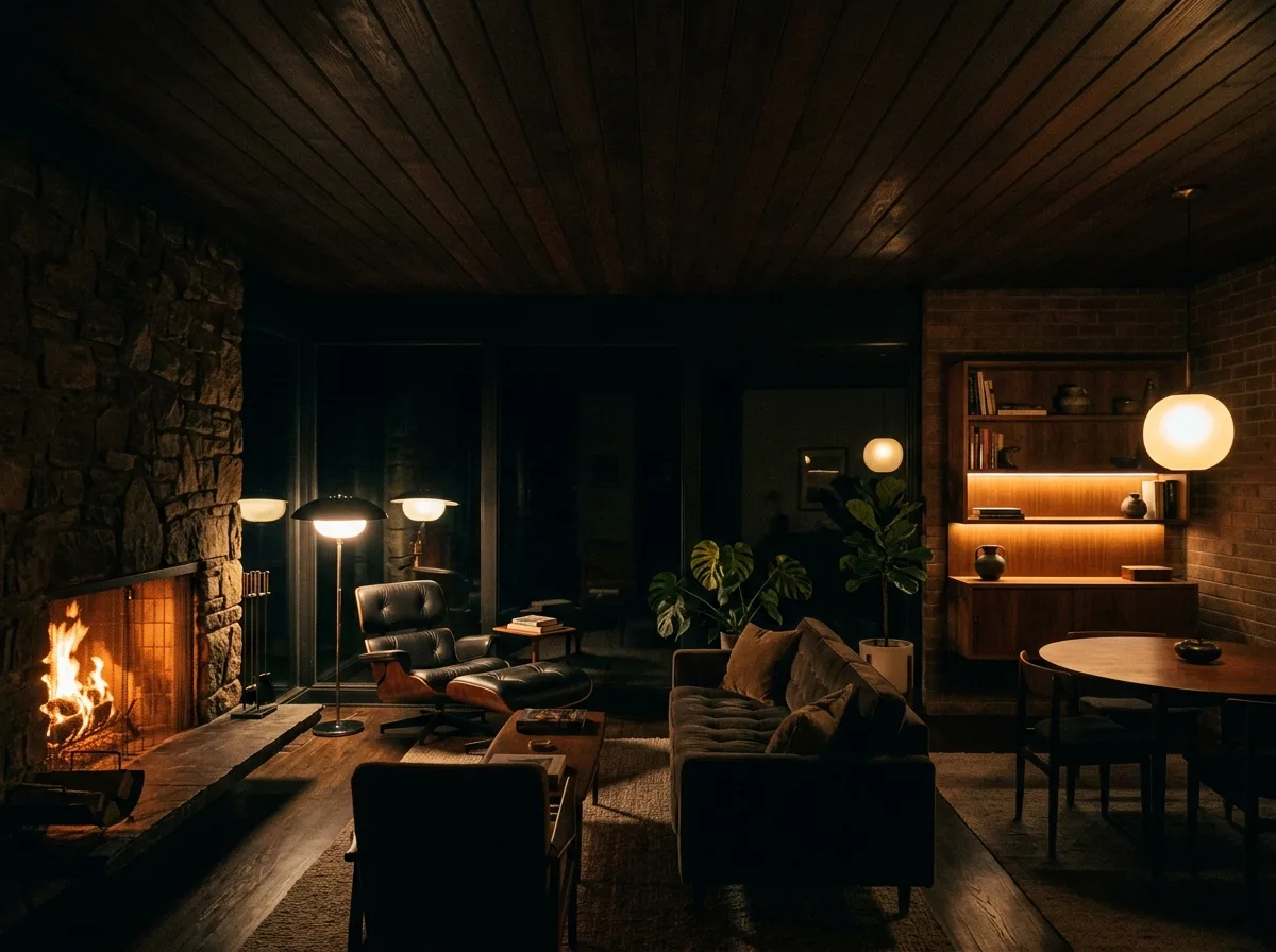 Warm light at night: fireplace and a few lamps