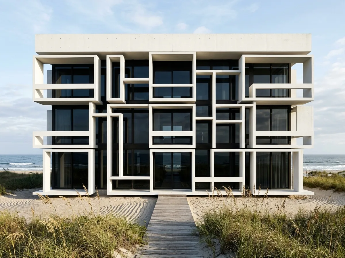Facade Sculpture of Sunshades: A Boxed Array for a Florida Residence