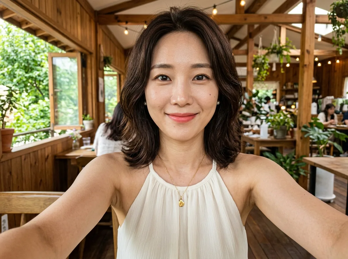 木製カフェでの自撮り・フロントカメラでの腕の長さのポートレート