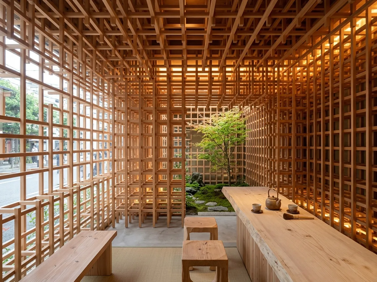 Wooden Grille Tea House: Facade of Volume Dissolution