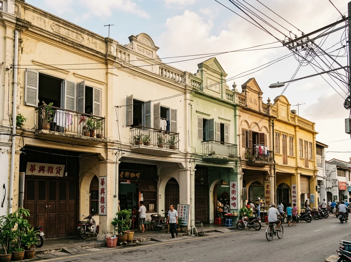 Facade of Narrow Shophouses: Arcade and Second-Floor Balconies