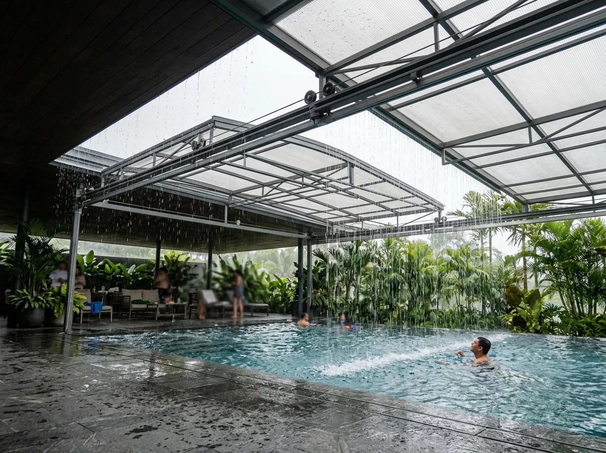半屋外プール：開閉式ルーフと雨の日