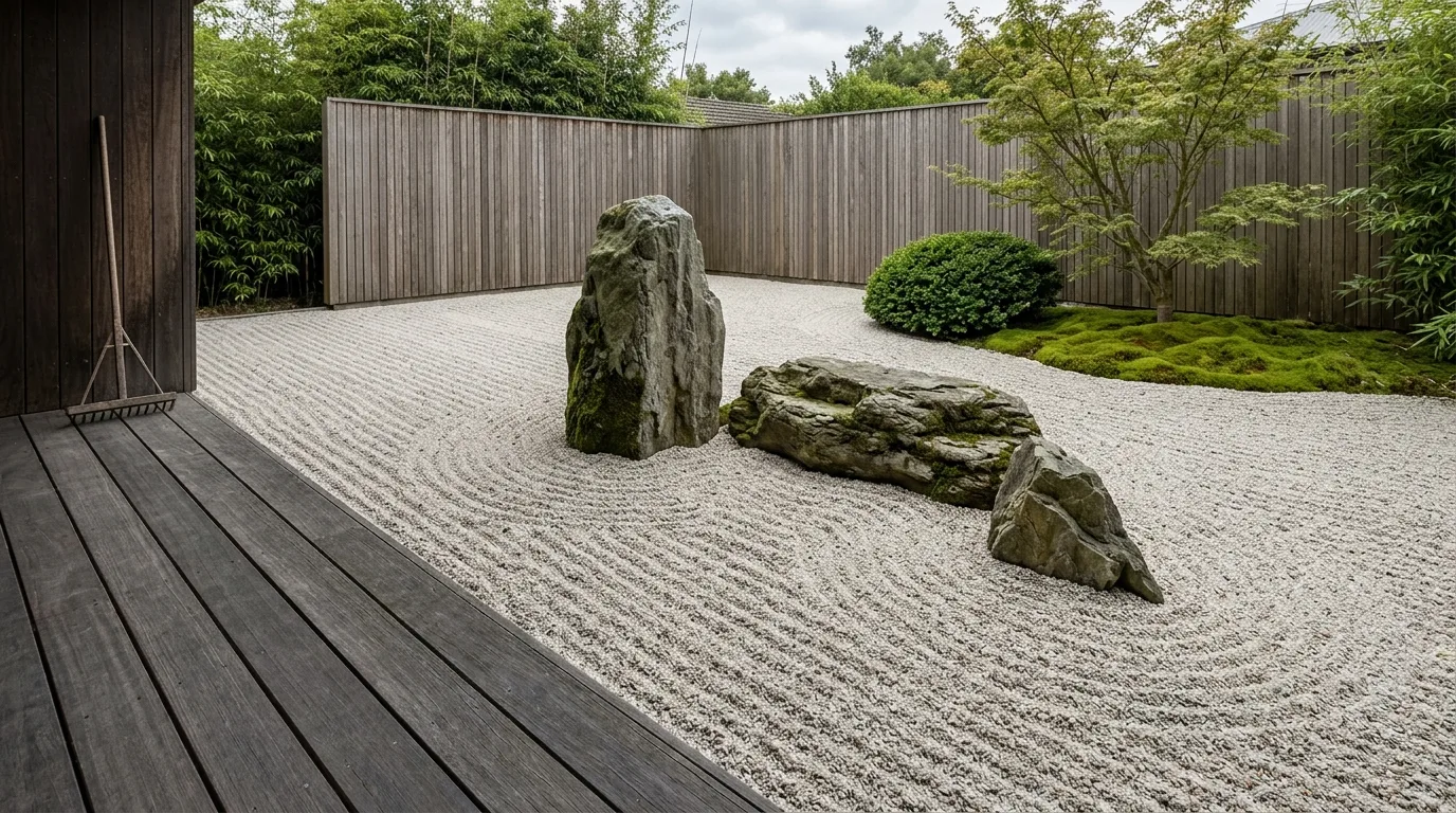 禅の枯山水の中庭：白砂・景石・熊手模様