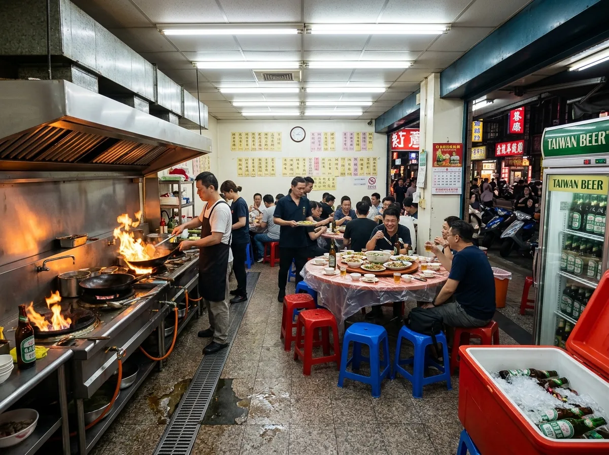 热炒店：圆桌、啤酒冰柜与强力排烟