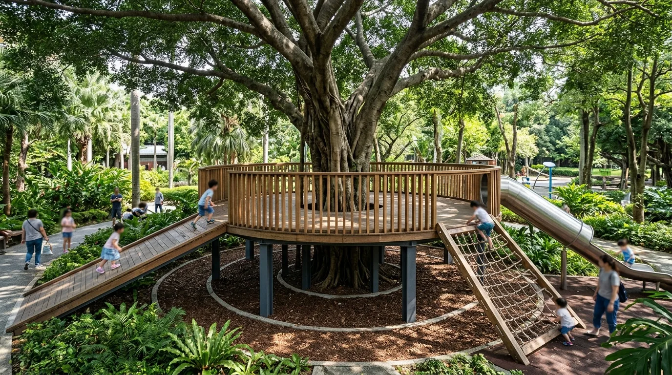 Treehouse Platform: Elevated Timber Structure Around an Old Tree