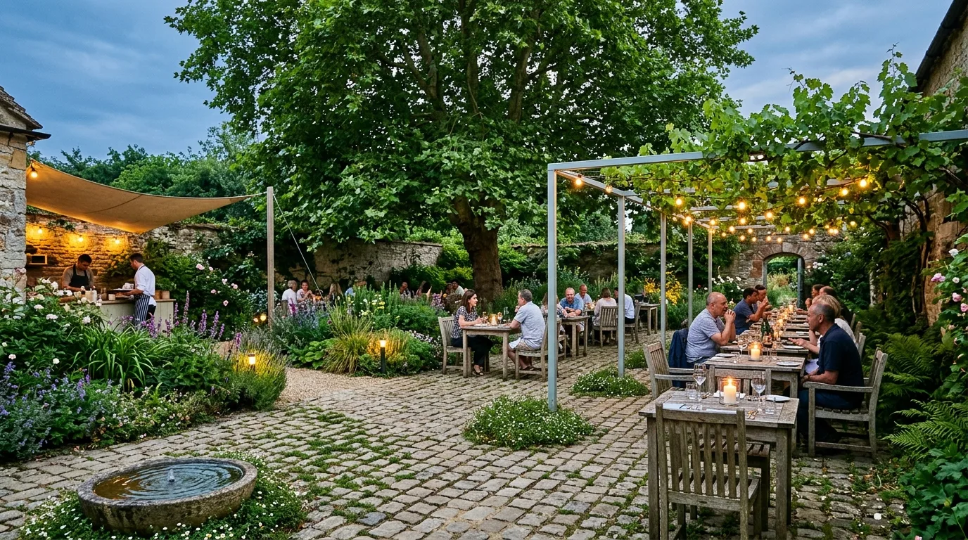 Garden Dining: Shade, Paving, and Summer Night Light