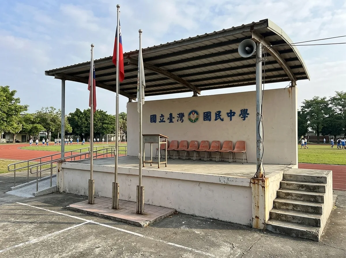 キャンパス演壇：旗揚げ台と朝礼の正面