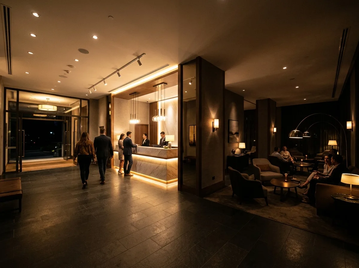 Hotel lobby: Bright entrance, brighter reception, dim lounge