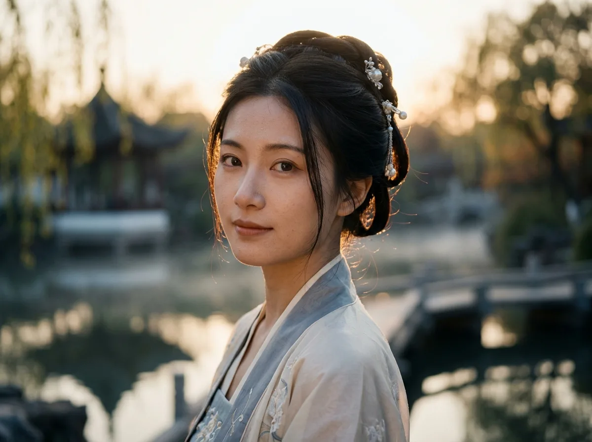Golden Hour of Classical Gardens: Shoulder Close-up and Hairline Rim Light