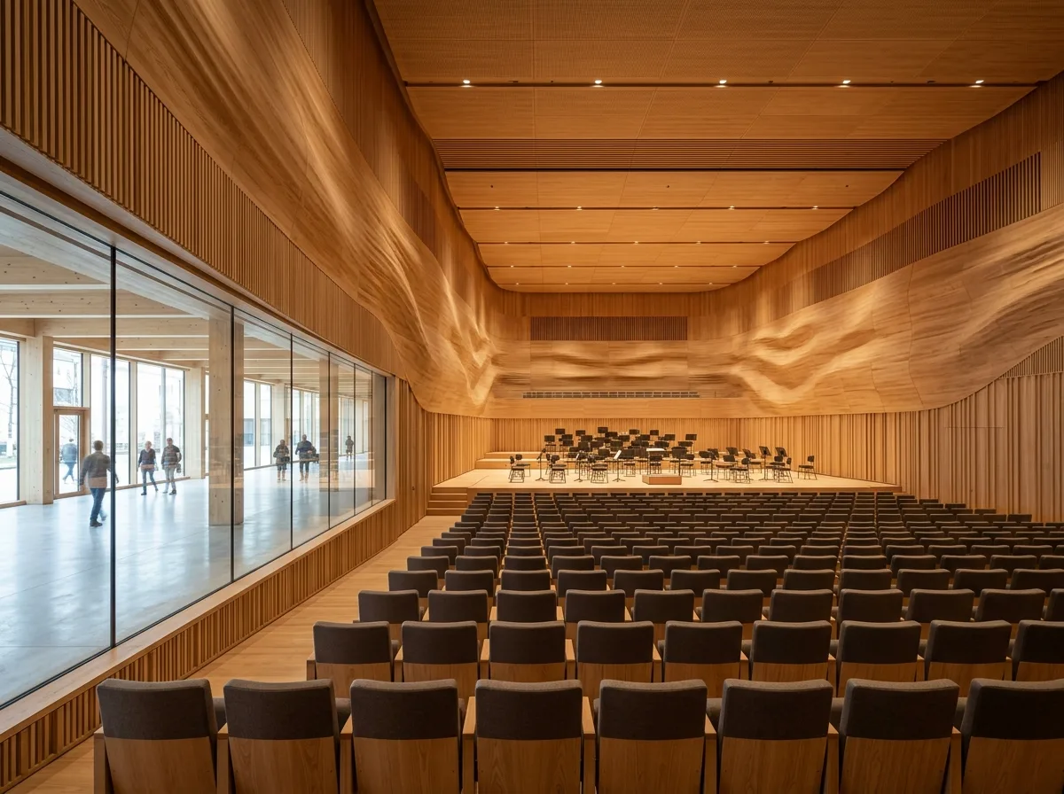Warm Wood Concert Hall Interior: Public Foyer and Acoustic Details