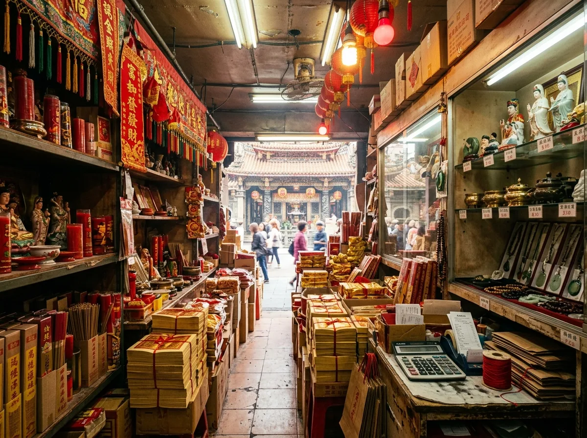 Jinxing Shop: Red and Gold Displays Around the Palace Temple
