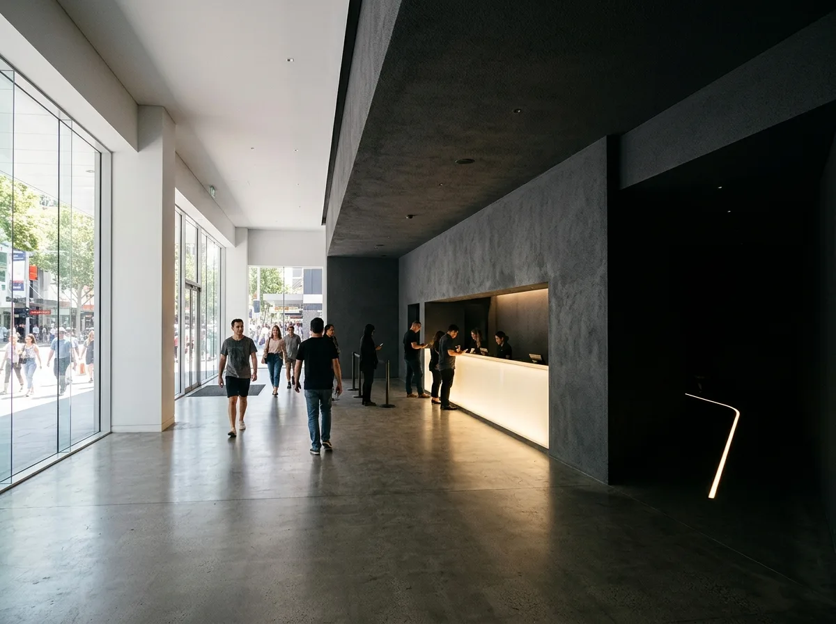 Immersive Ticket Hall: A Three-Part Transition from Street to Darkness