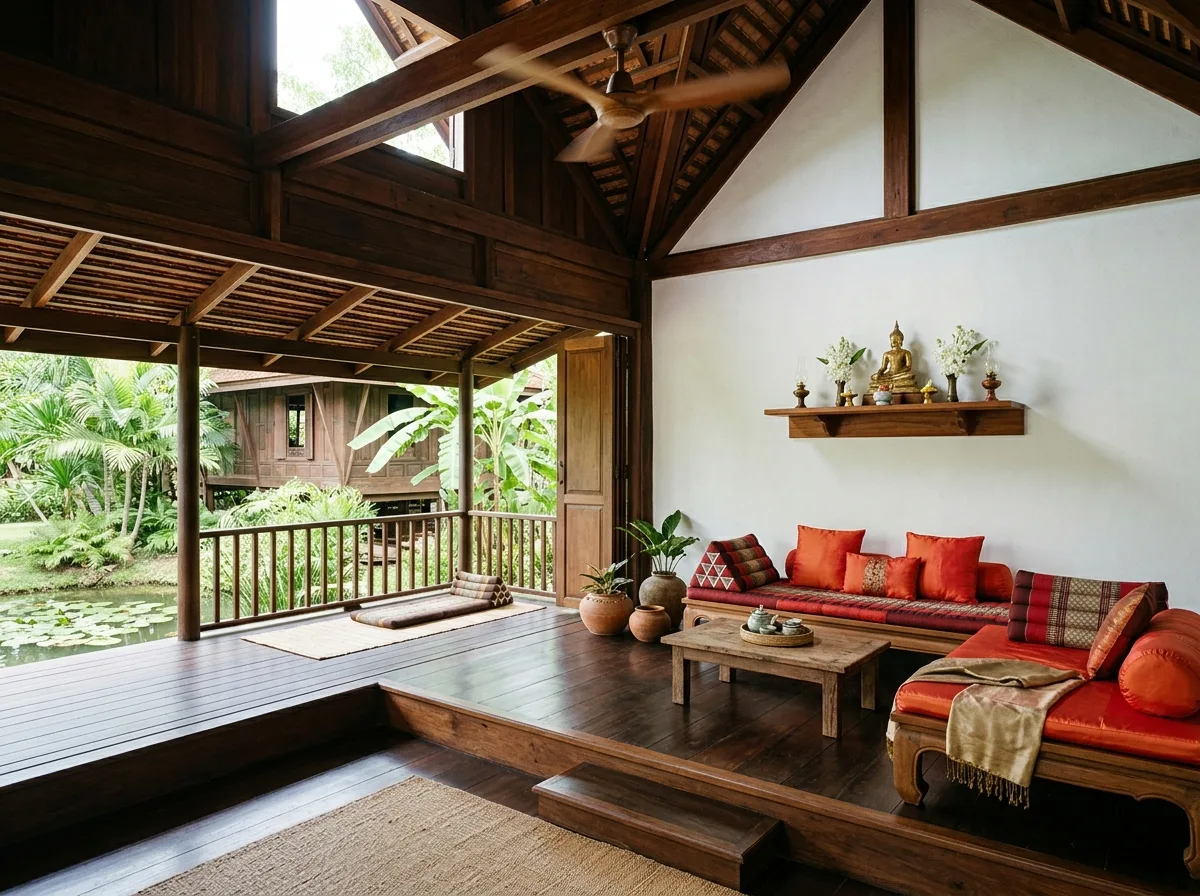 Thai Style Living: High Ceiling Wooden Structure and Low Seating