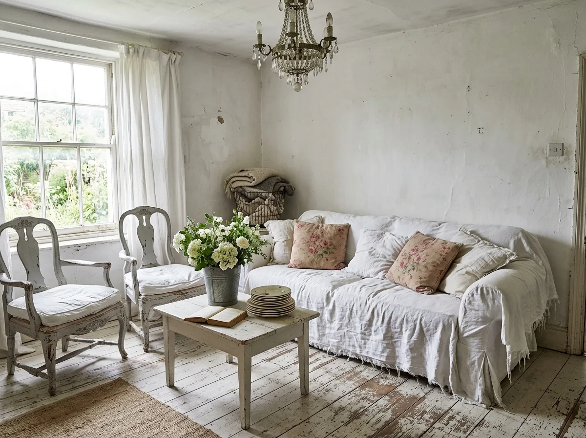 Shabby Chic · Living Room: White Cloth Sofa and a Wall of Light