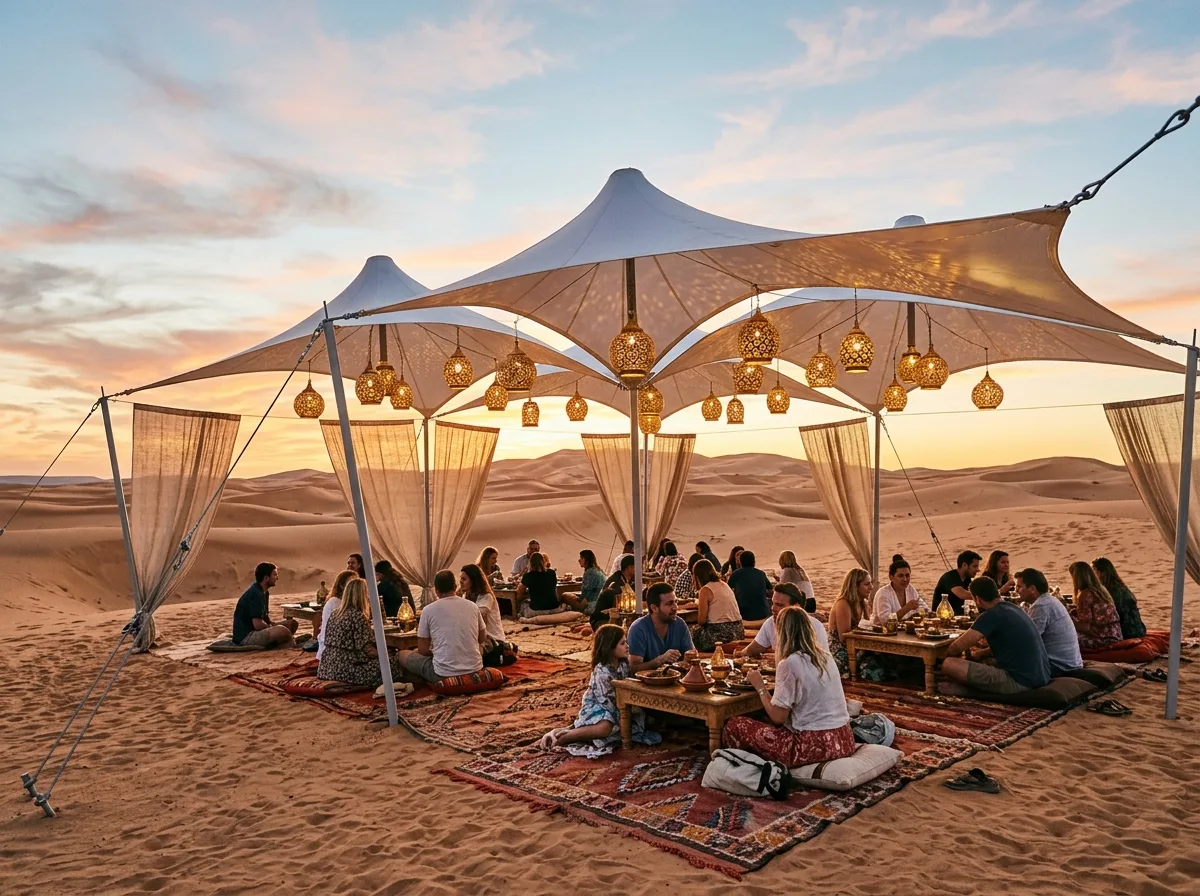 Desert Tent Restaurant: Long Tables Under a Tension Membrane