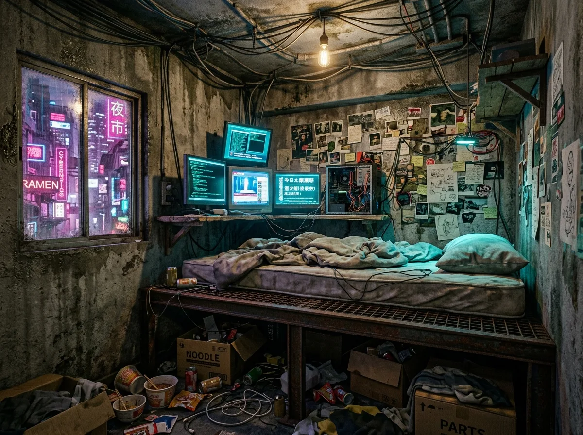 Cyberpunk Habitation Pod: Bed, Screen, and Pipes
